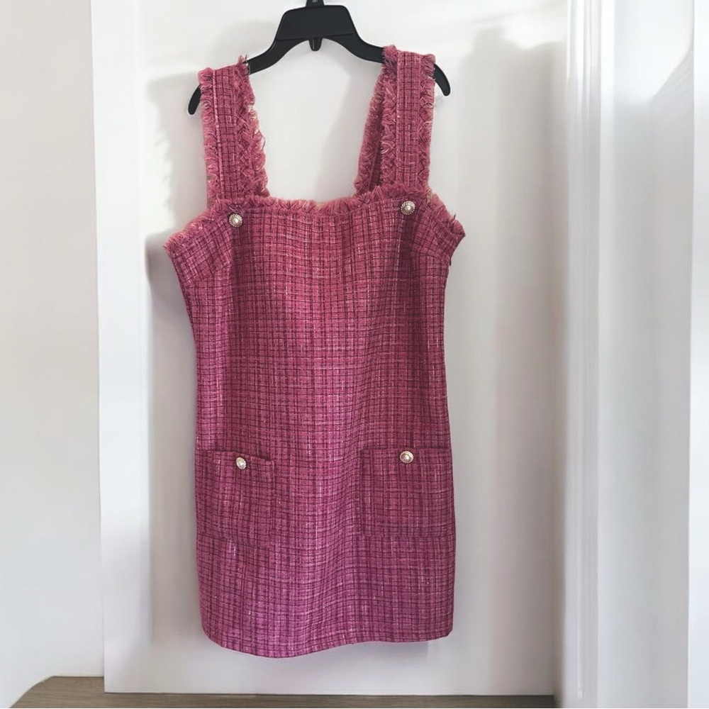 Entro Pink Tweed Medium Mini Dress. Frayed Straps and Square Neckline. NWOT.